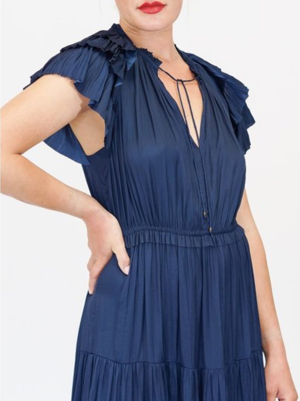 Ulla Johnson Navy Ruffled Neck Pleated Dress